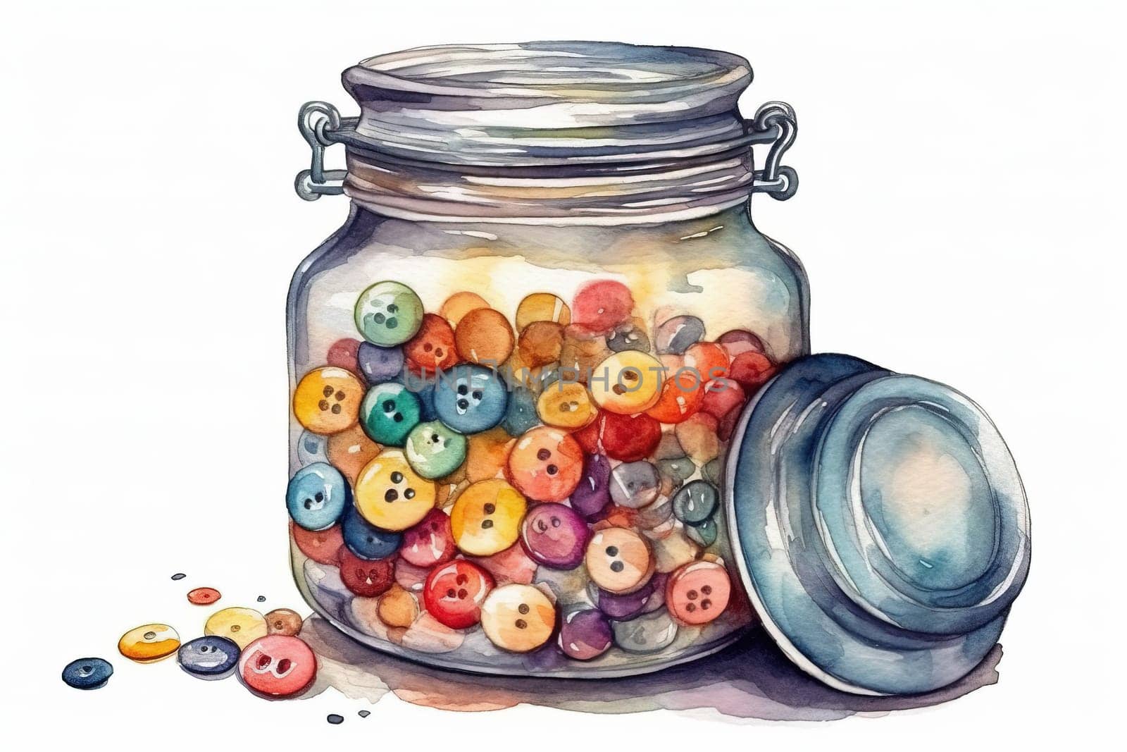 Watercolor Illustration Of Glass Jar With Colorful Sewing Buttons Inside by GekaSkr