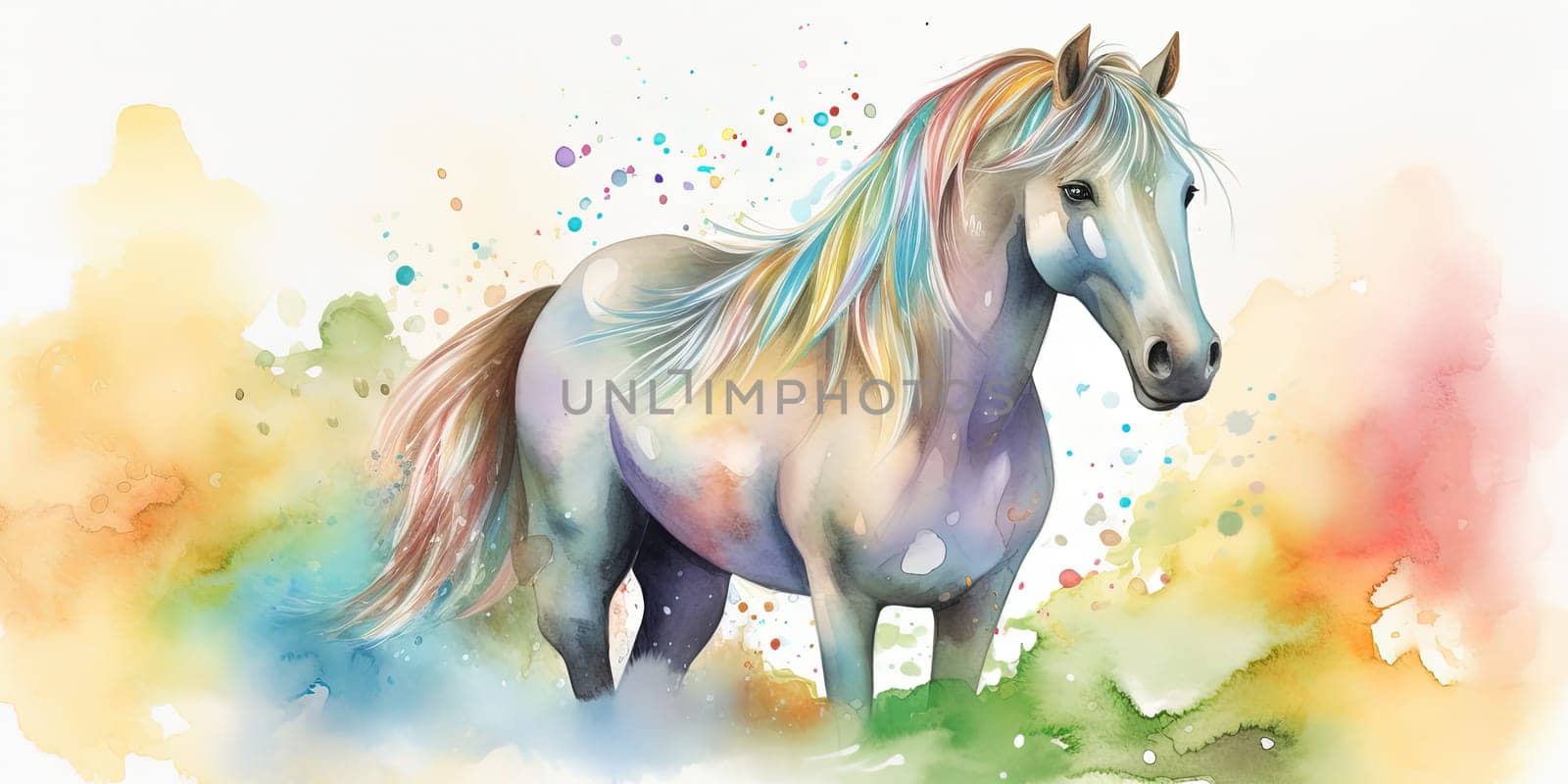 Watercolor Artwork Of Imaginary Horse On White Background