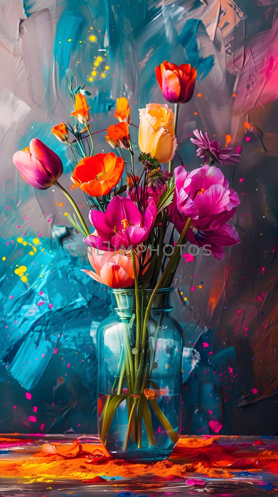 A pink flower arrangement in a vase on a table, with artificial flowers resembling real ones. Near a window, adding a touch of nature indoors