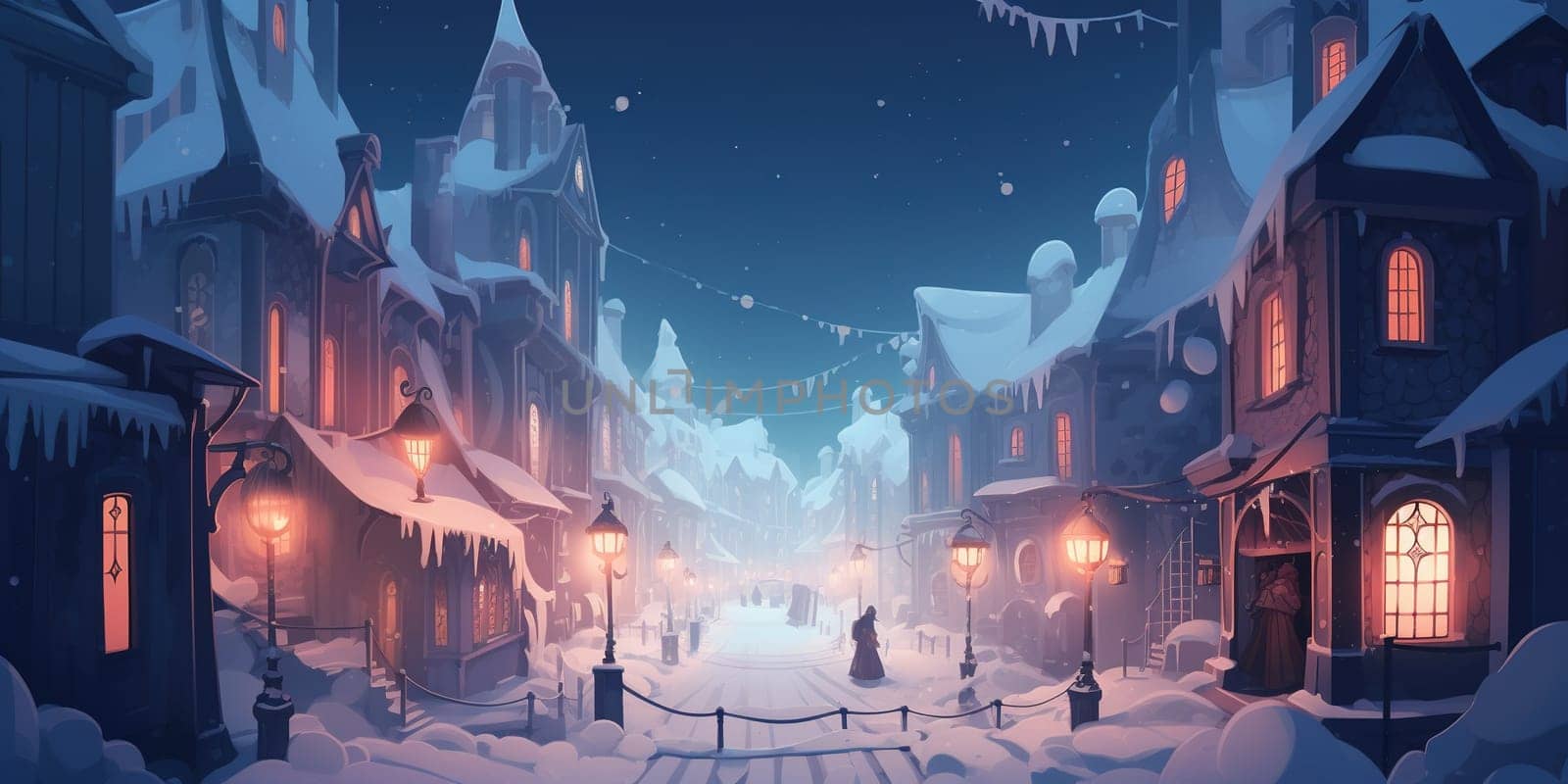 Illustration cartoon town with fairy-tale illuminated houses by GekaSkr