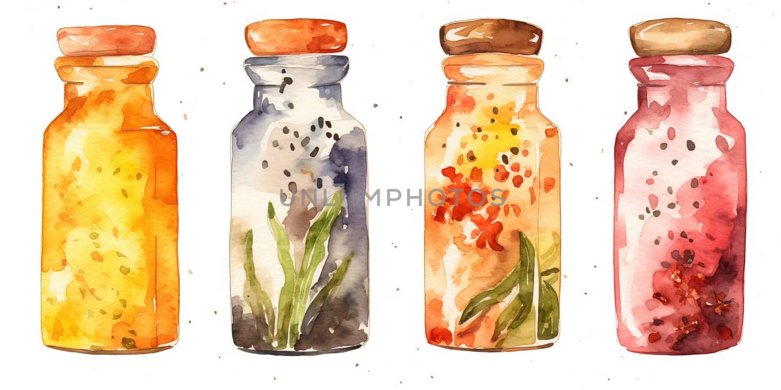 Watercolor Illustration Of Cosmetic Bottles With Aromatic Natural Remedy And Herbs by GekaSkr