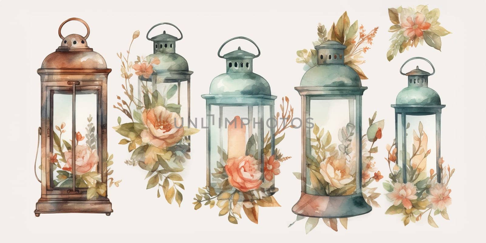 Watercolor Illustration Of Vintage Lanterns With Flowers Inside by GekaSkr