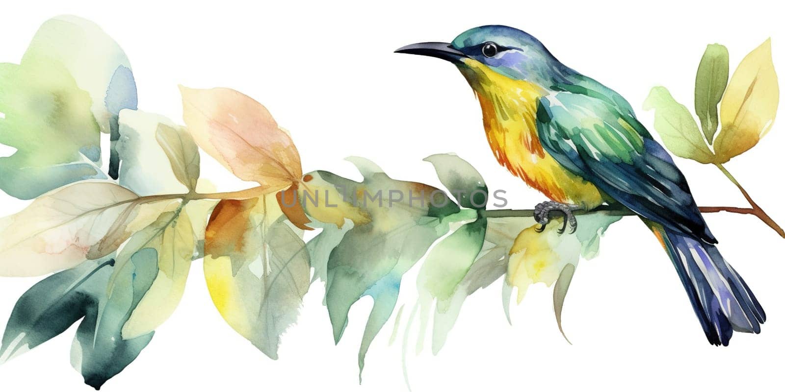 Watercolor Illustration Of Colorful Bird Sitting A Branch by GekaSkr