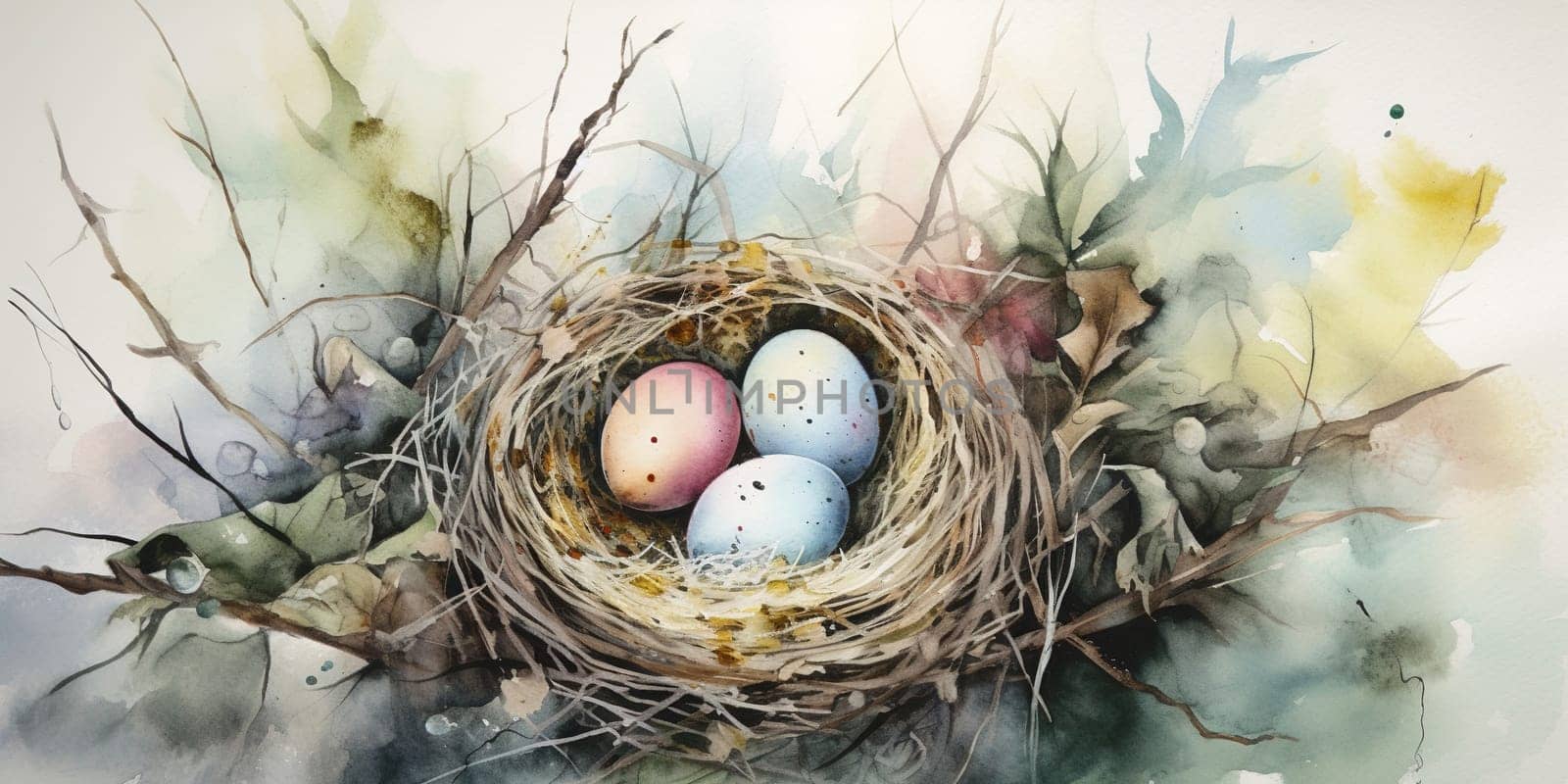 Watercolor Illustration Of Colorful Eggs In A Bird Nest, Easter Concept by GekaSkr