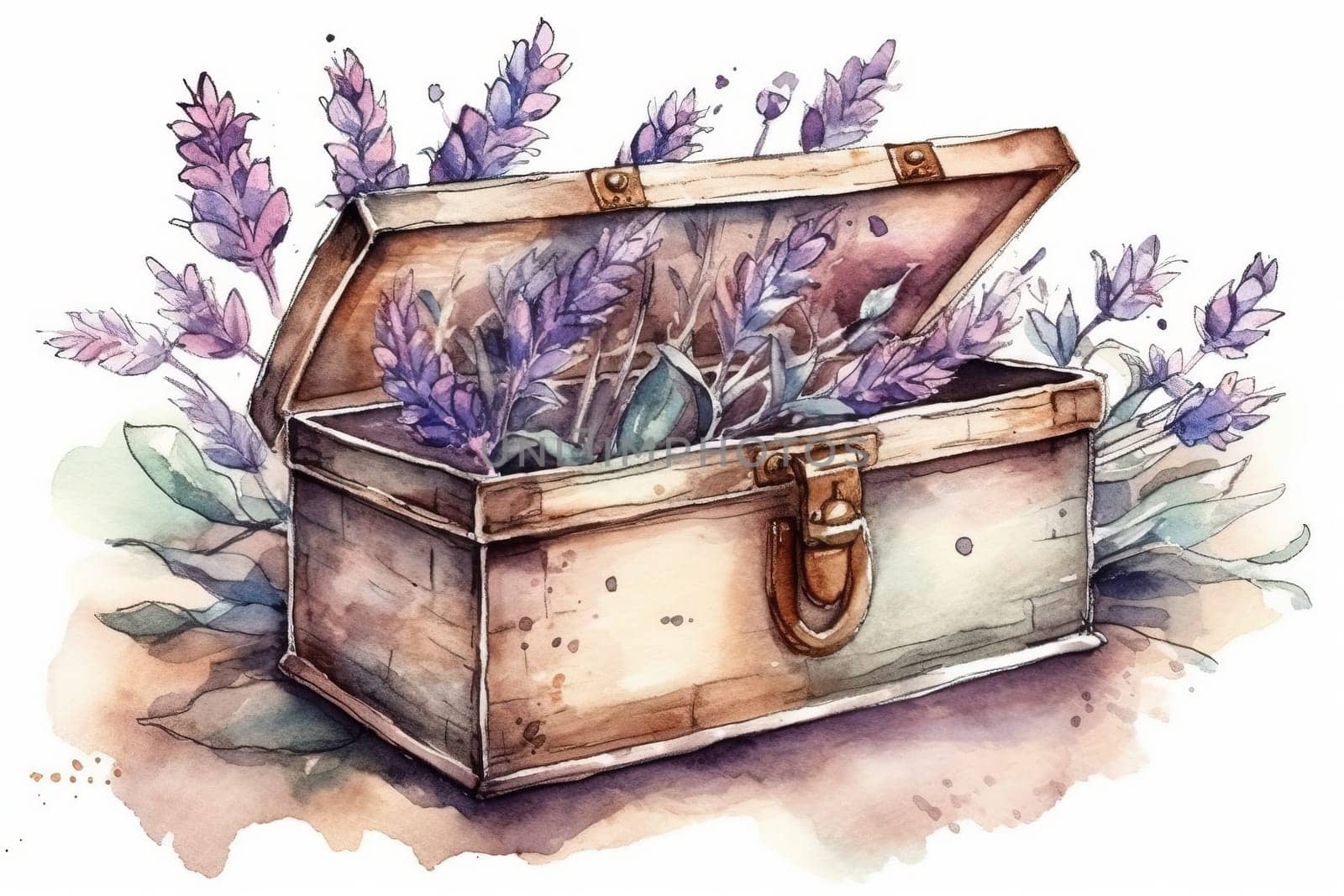 Watercolor Illustration Of Wooden Scented Box With Lavender by GekaSkr