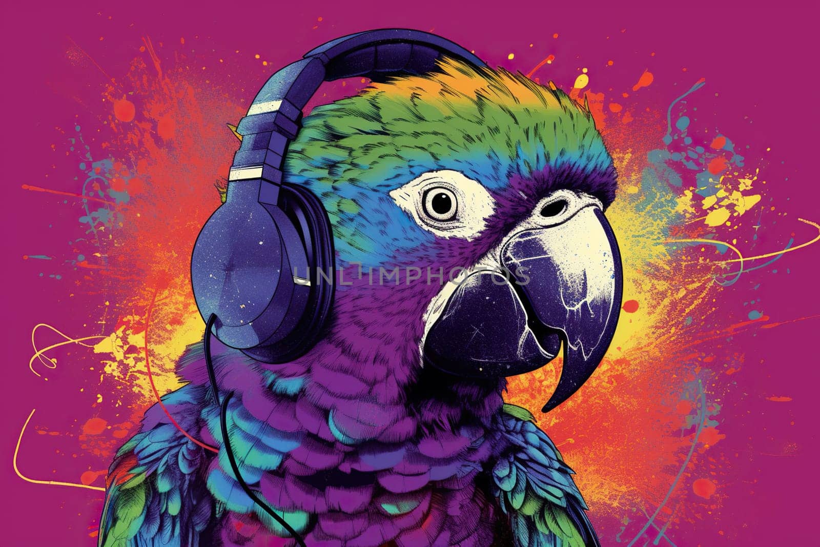 Art Illustration Of Colorful Smart Parrot In Headphones by GekaSkr