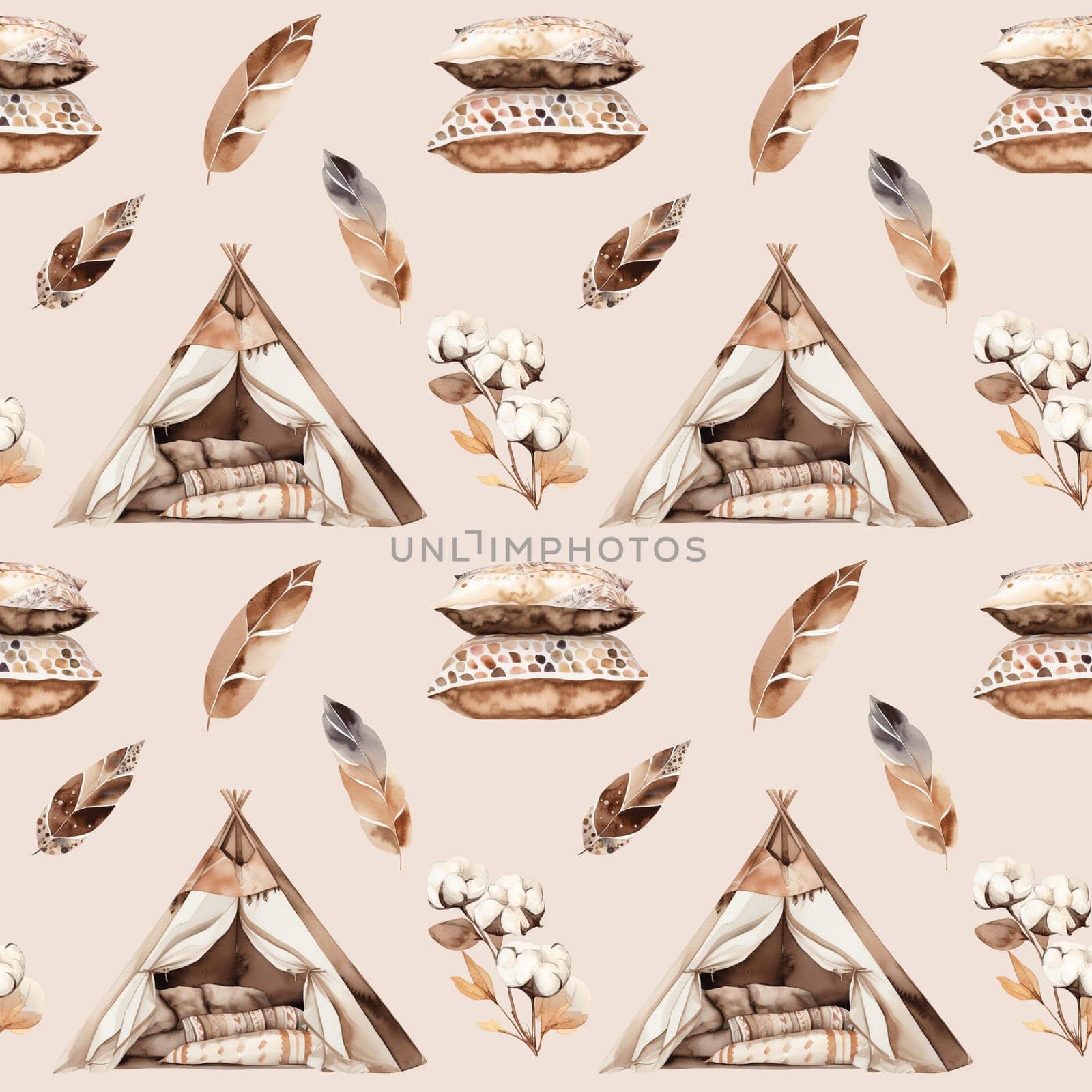 Boho Style Watercolor Illustration Of Wigwams And Decor In A Seamless Pattern, Isolated On A White Background
