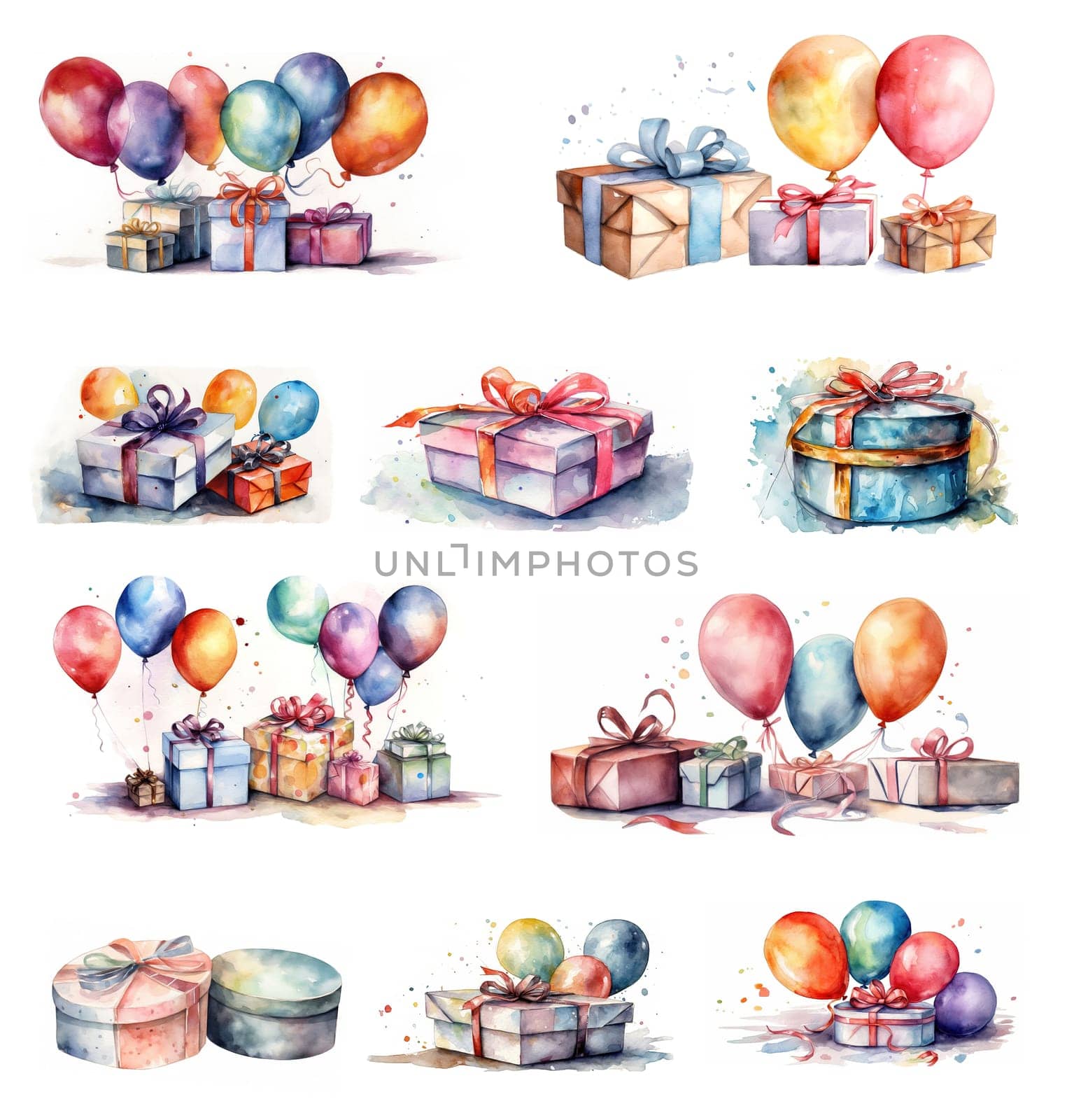 Watercolor Illustration Set Of Gift Boxes With Balls by GekaSkr