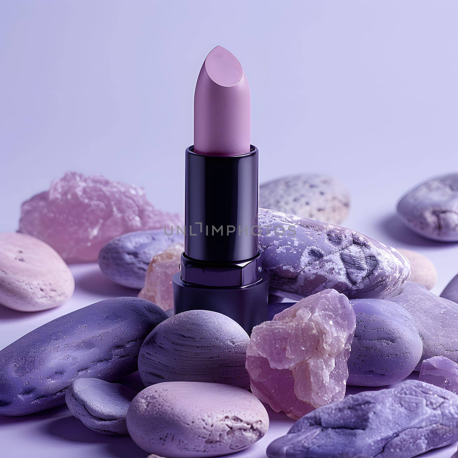 A liquid violet lipstick, a cosmetic made up of various ingredients including chemicals compounds and nutraceuticals, is set against a backdrop of purple rocks