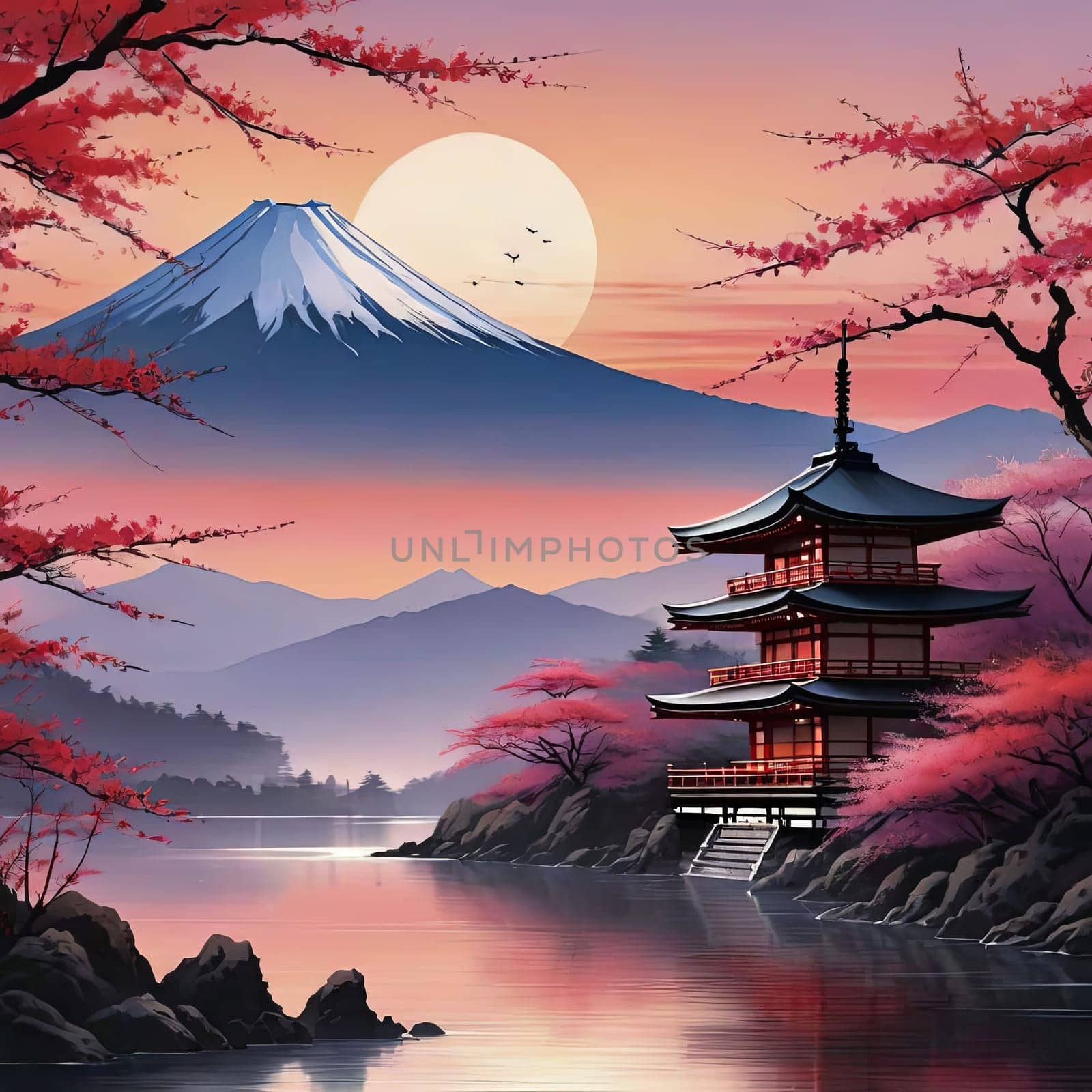 Serene landscape with mountain, pagoda in background. Sky is filled with beautiful pink hue, and moon is shining brightly. Concept of peace, tranquility.For art, creative projects, fashion, magazines. by Angelsmoon