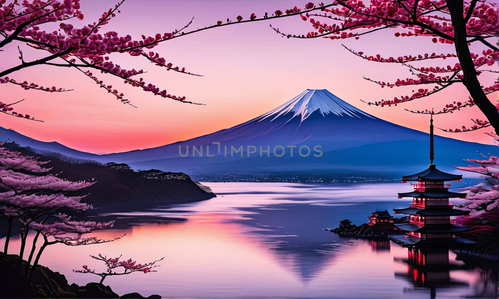 Serene landscape with mountain, pagoda in background. For meditation apps, on covers of books about spiritual growth, in designs for yoga studios, spa salons, illustration for articles on inner peace