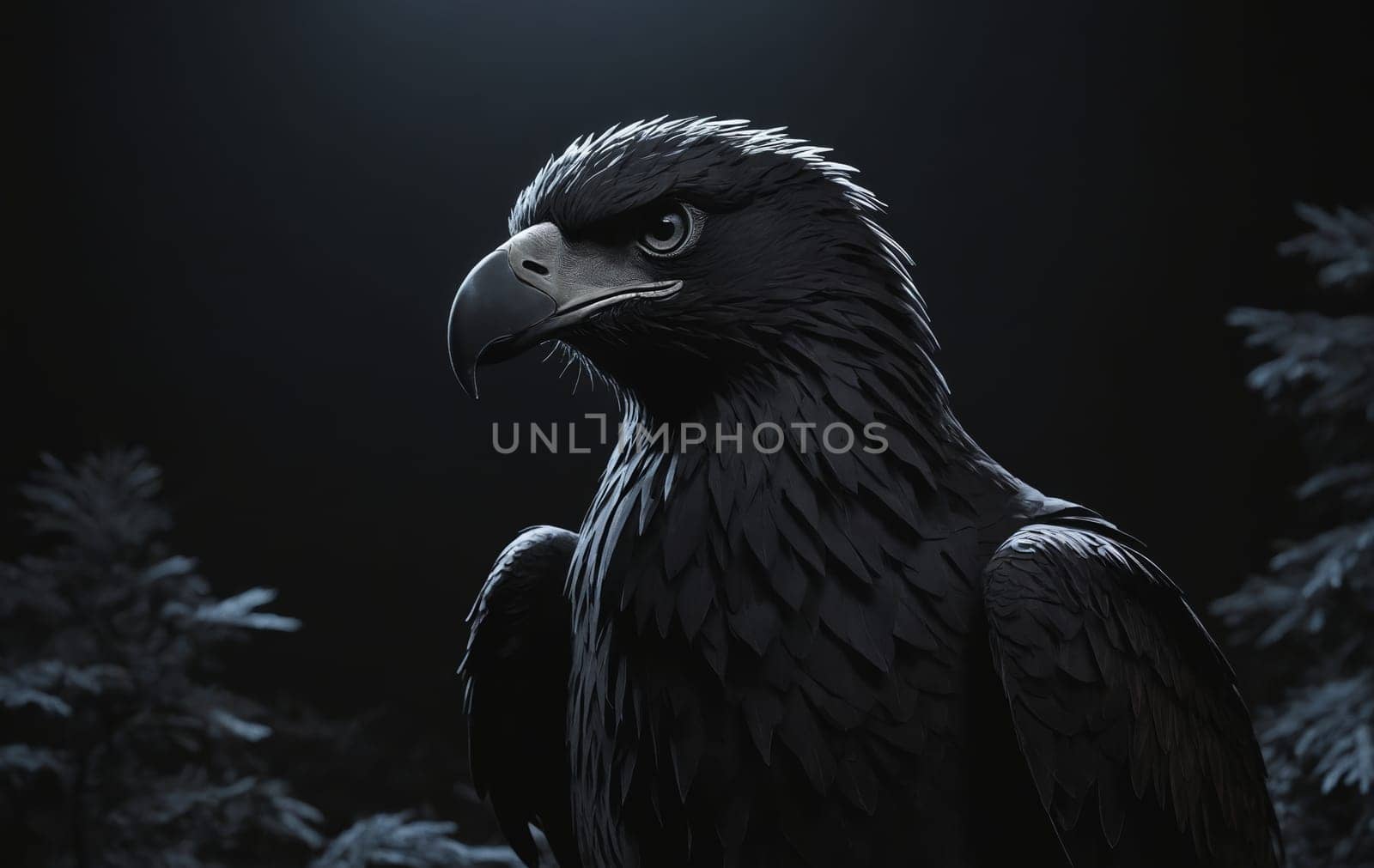 A majestic black eagle, a member of the Accipitridae family and Falconiformes order, is perched in the dark, staring directly at the camera with its sharp beak and intense gaze