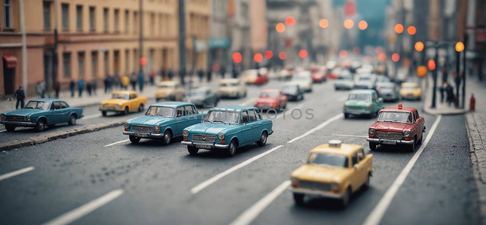 Motor vehicles drive down city street past buildings by Andre1ns