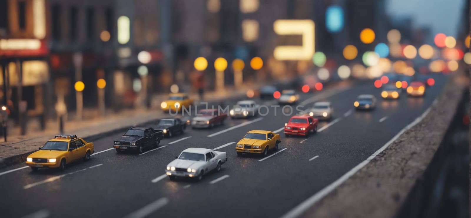 Experience the magic of a bustling cityscape transformed into a toy-like miniature world through tilt-shift photography.
