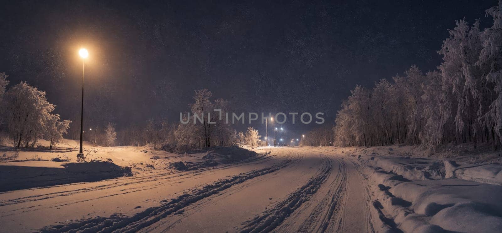 A freezing midnight scene on a snowy road with a street light in the background by Andre1ns