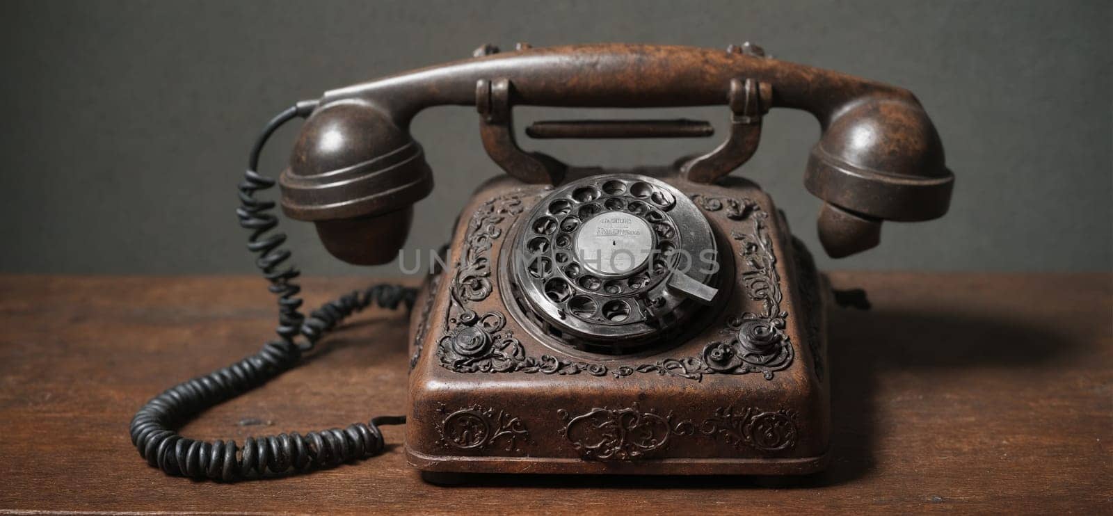 A corded telephone rests on a wooden table, a classic office equipment piece by Andre1ns