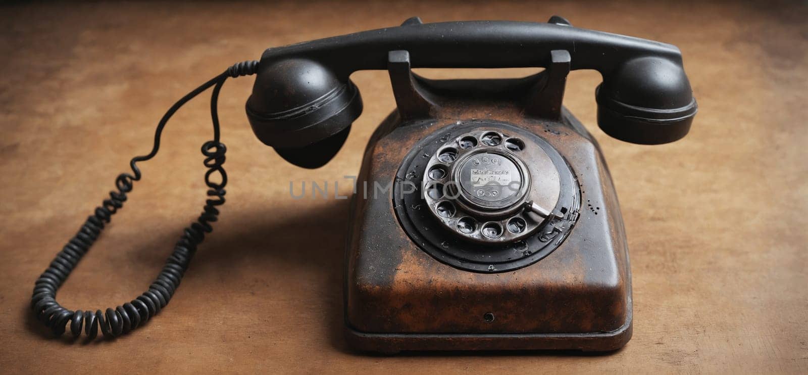 A nostalgic moment frozen in time with a classic brown rotary phone resting on a wooden surface.