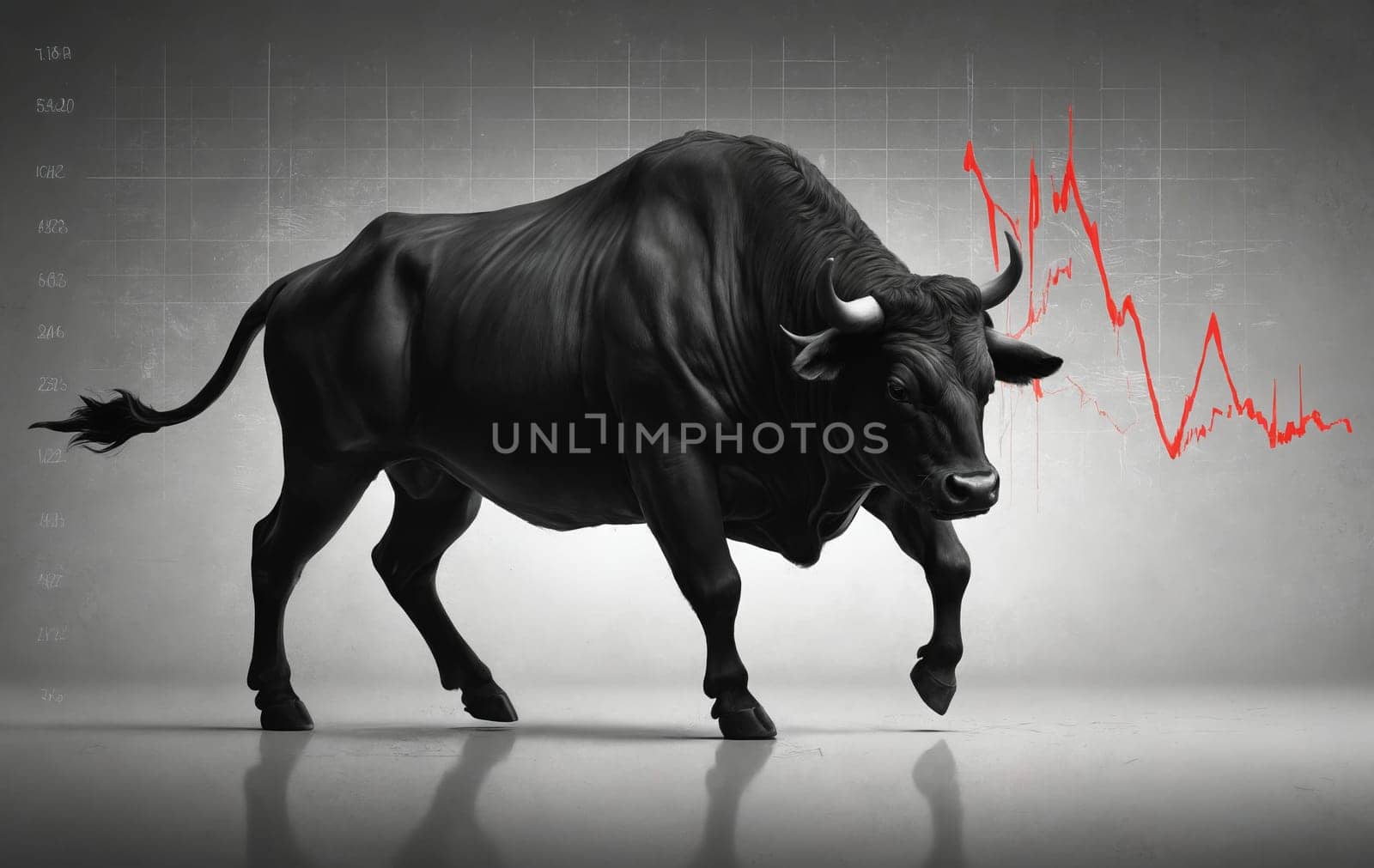A bull carrying a graph on its back. The horns on its head and the strength in its body symbolize power and stability in nature