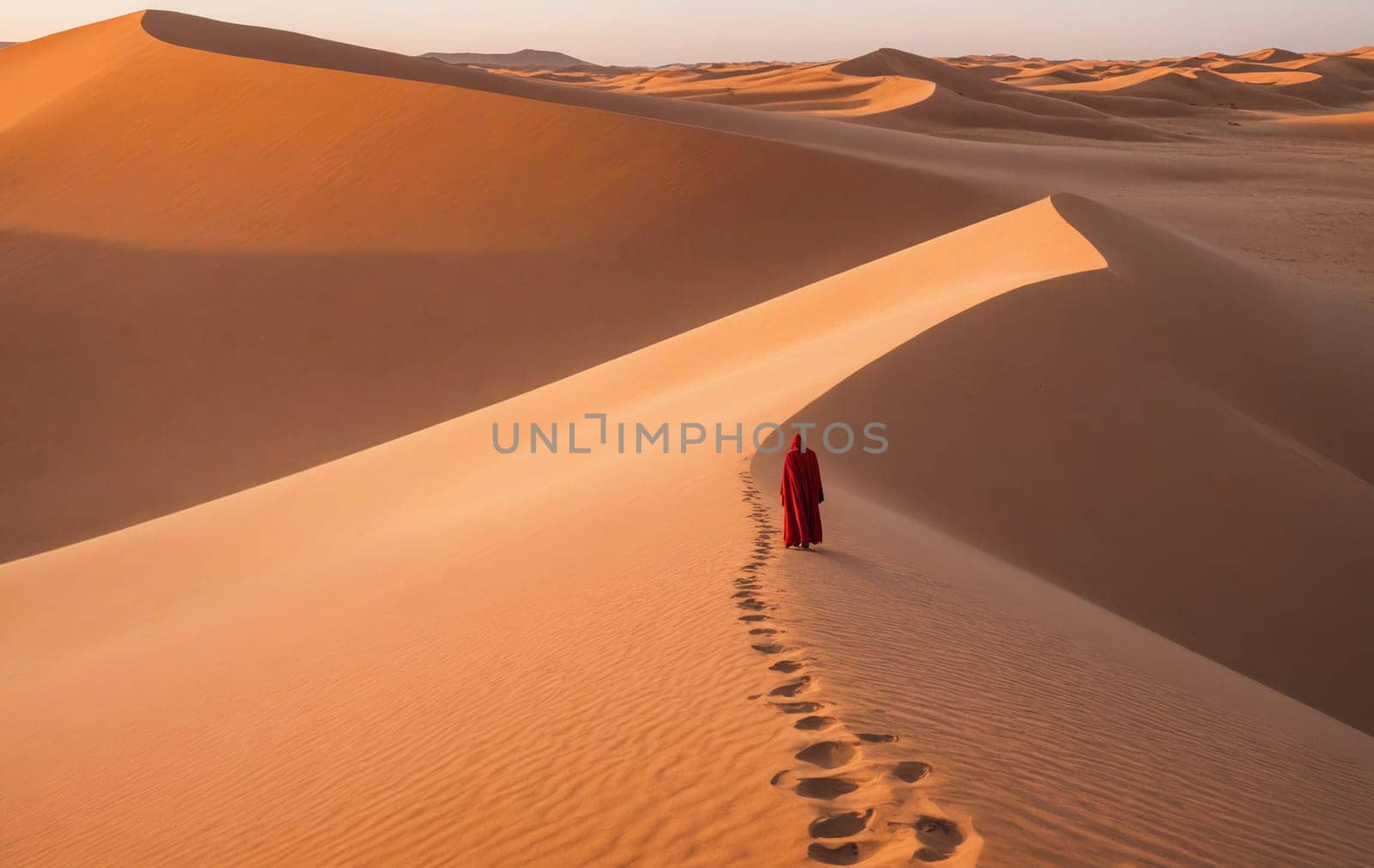 a person in a red robe is walking on top of a sand dune in the desert by Andre1ns