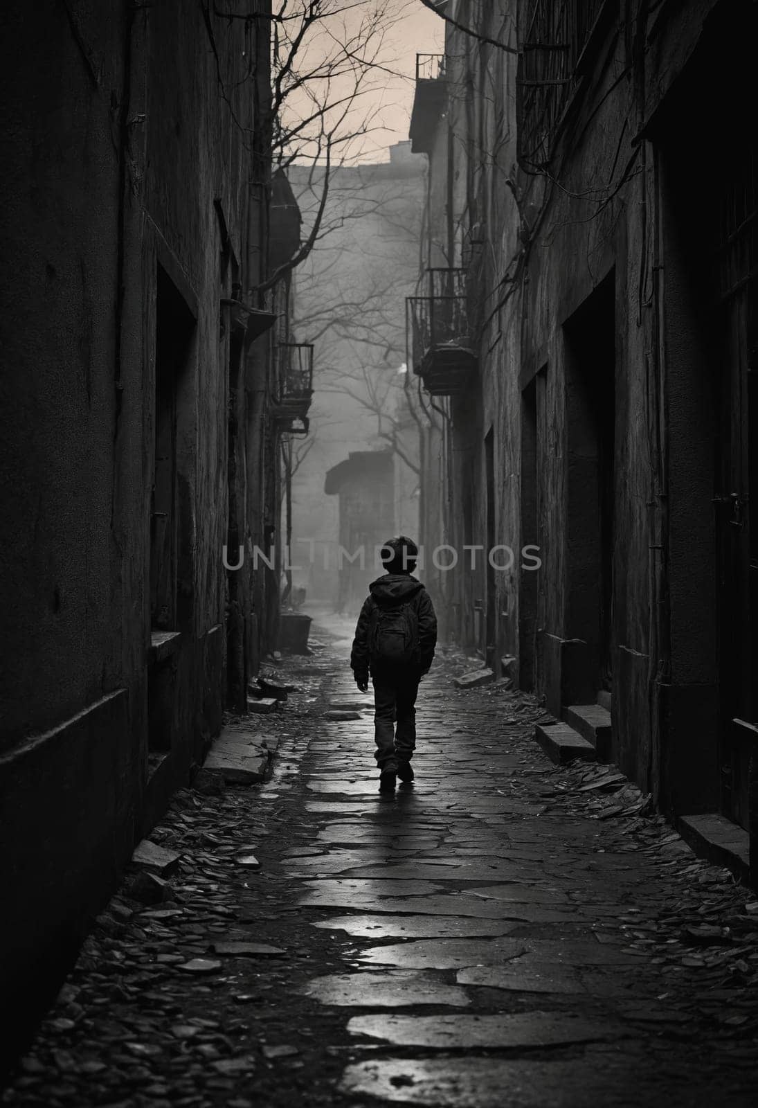 A boy walks in a dark alley at midnight in a blackandwhite photo by Andre1ns