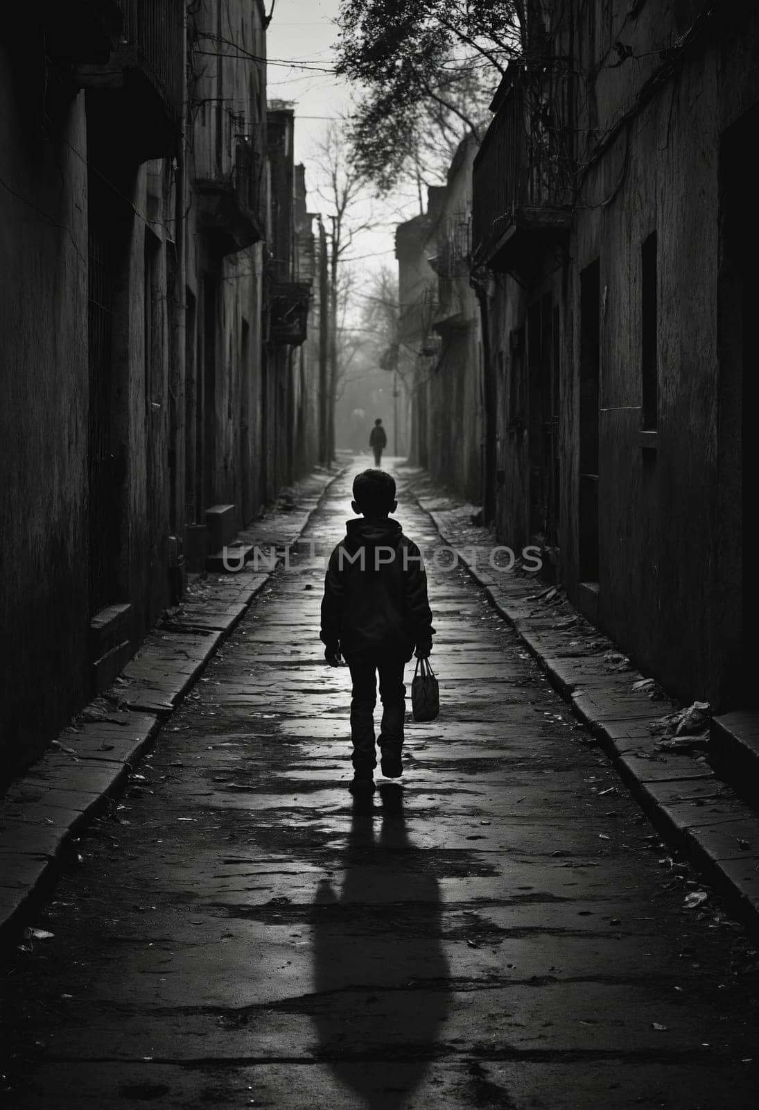 Monochrome image of a boy strolling on a cobbled alley by Andre1ns