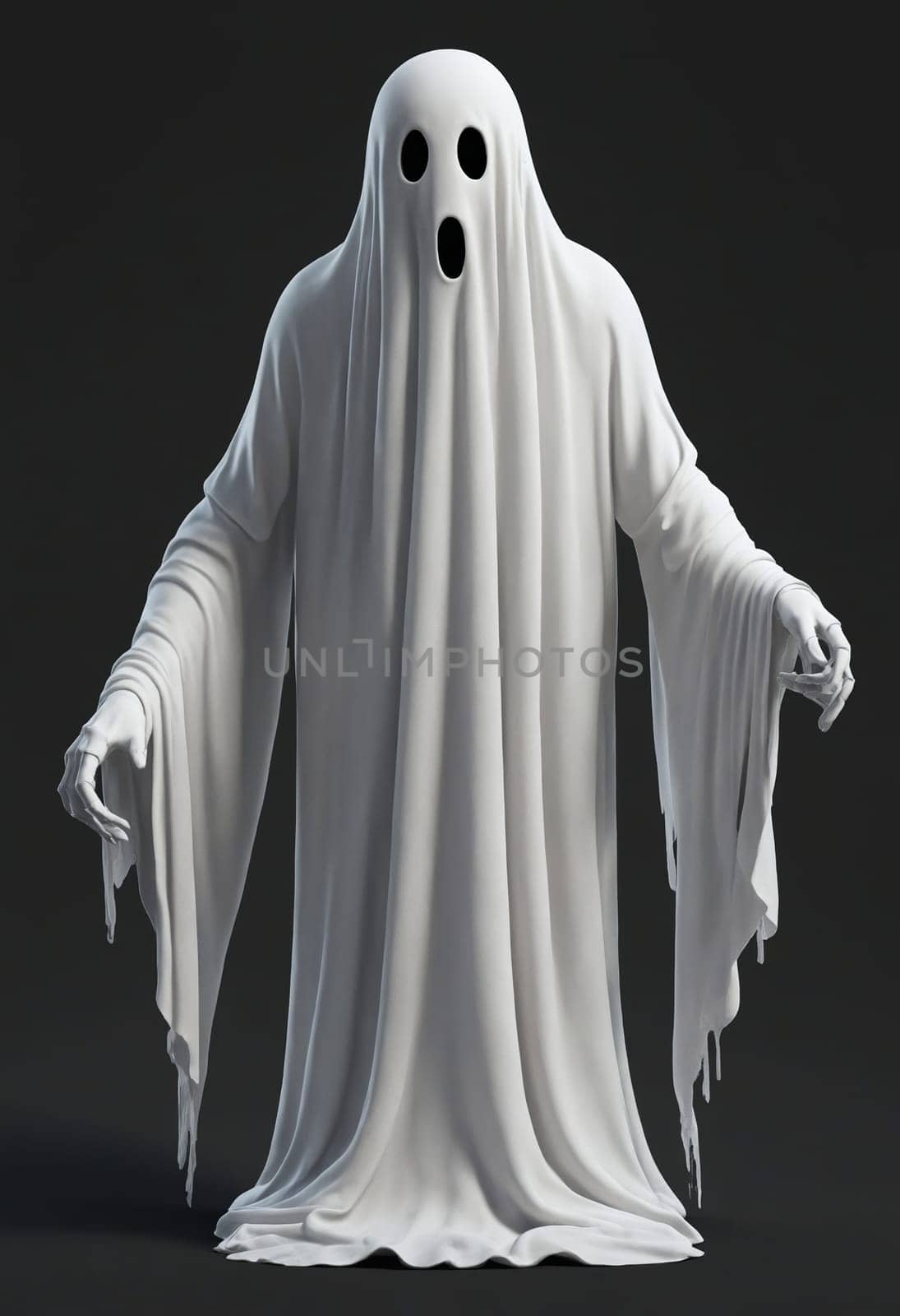 An animated 3D model of a ghost wearing a costume with outerwear, headgear, and sleeves, portraying a surprised look on its face. A fictional character depicted in darkness as an art gesture