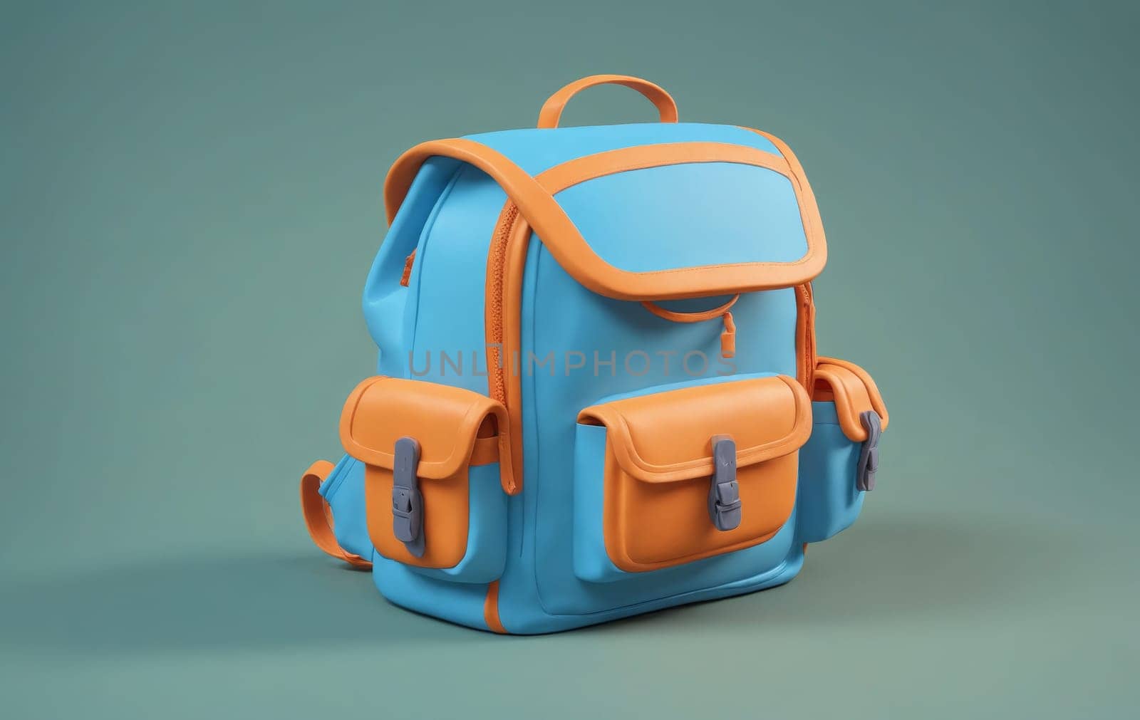 A blue and orange backpack rests on a green surface by Andre1ns