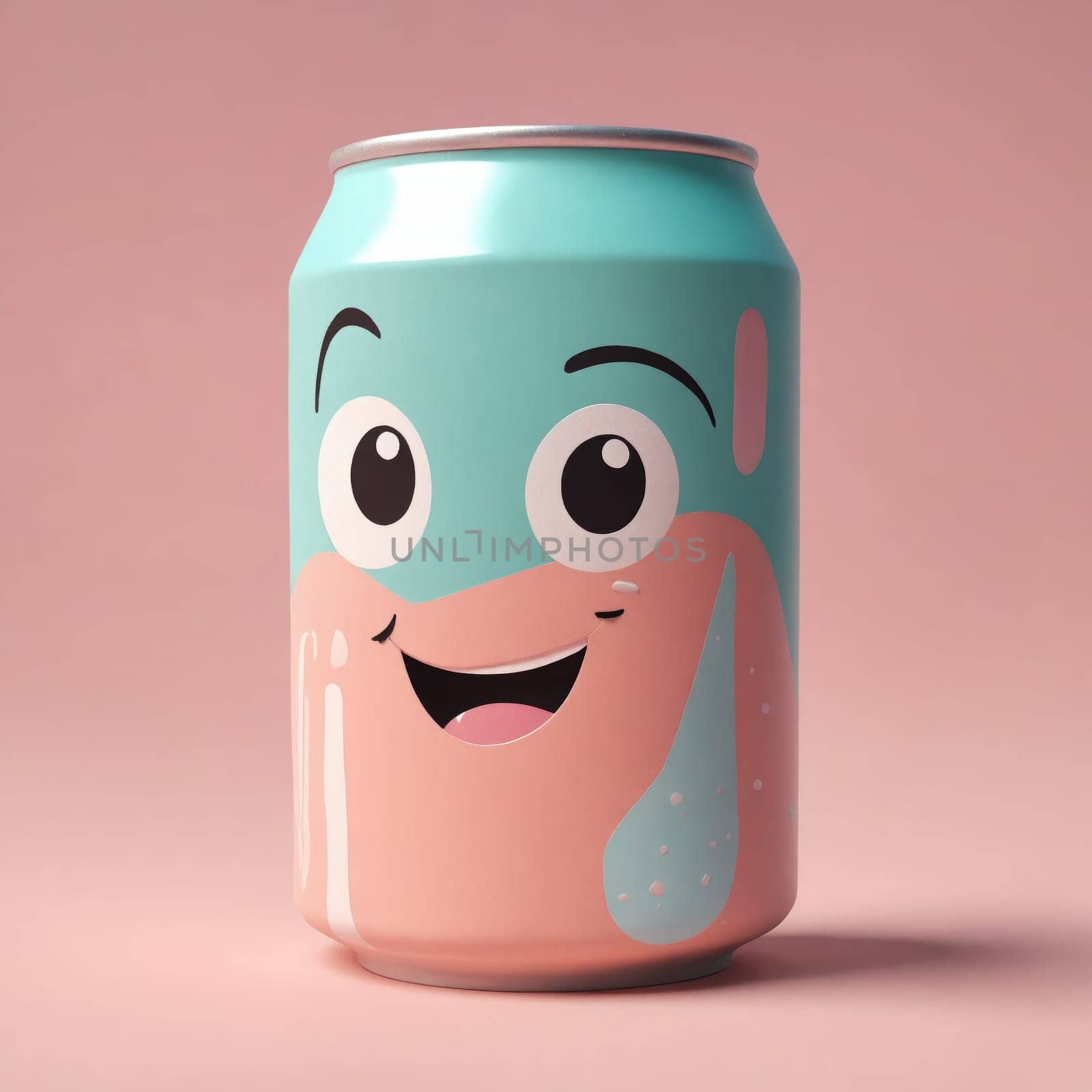 Drinkware in the form of a can of soda with a cartoon face, bright electric blue color, smiling expression. Made of plastic with artistic font. Looks like a fictional character on a fun tableware