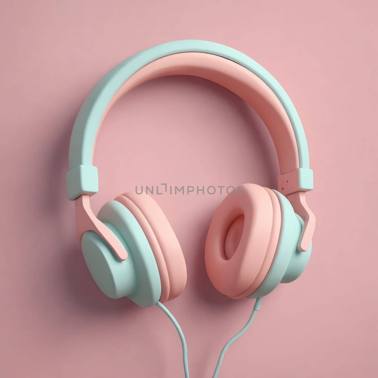 A pair of pink and blue headphones, a peripheral and output device, rest on a pink background. The earphones are a stylish audio equipment gadget with a magenta font. The headphones are made of wood