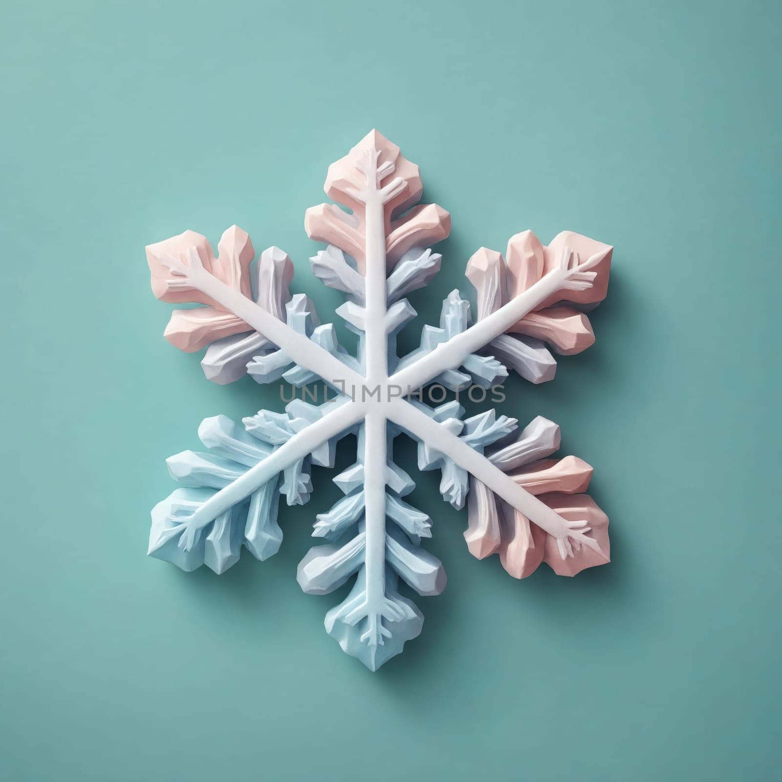 A blue and pink snowflake ornament made of nickel and metal, designed with a pattern resembling an evergreen twig on a pink background. A trendy fashion accessory inspired by natural materials