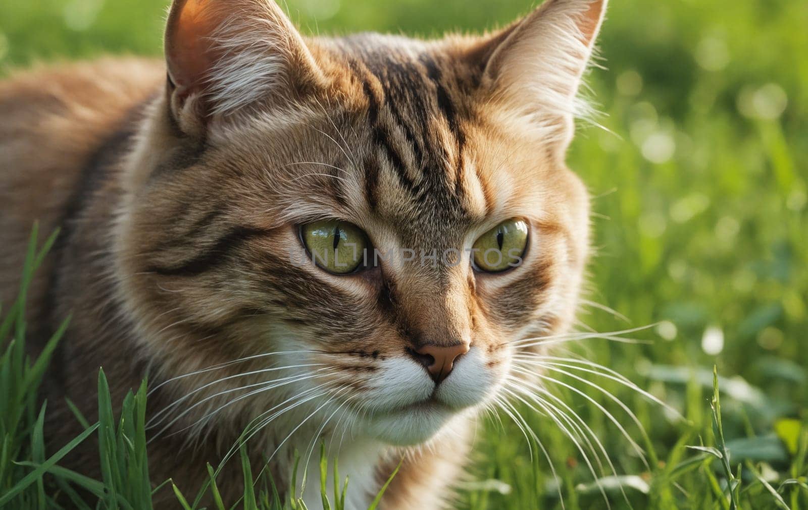 A closeup of a carnivore feline Felidae, with whiskers and a snout, standing in the grass and looking at the camera. Terrestrial animal near terrestrial plants