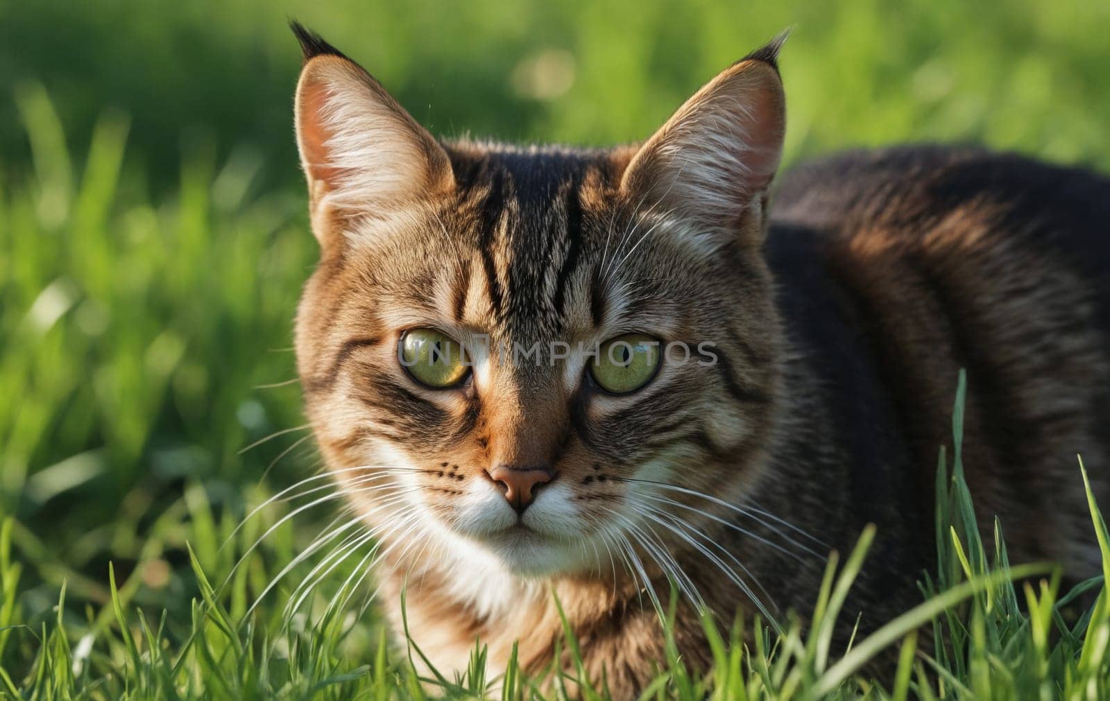 A small to mediumsized Felidae cat, a carnivorous terrestrial animal, is lounging in the grass, gazing at the camera with its fawncolored fur and whiskers, against a natural landscape backdrop
