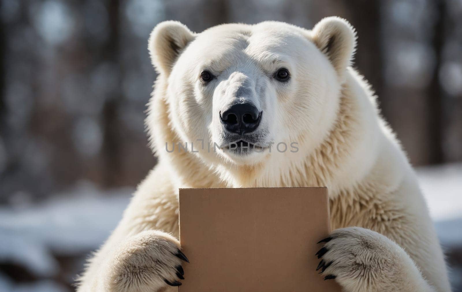 A carnivorous polar bear, a terrestrial animal, holds a cardboard box in its paws using its snout. Its fur is made of natural materials and it drinks fluid in the wild