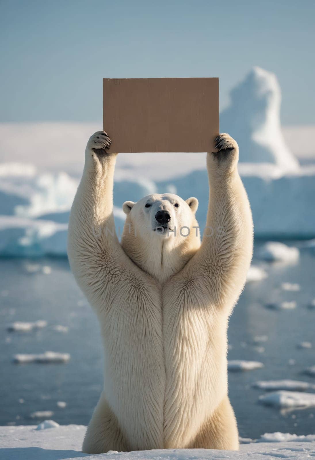 A carnivore polar bear holds a cardboard sign under the sky on the polar ice cap, seeking liquid to drink from the Arctic ocean