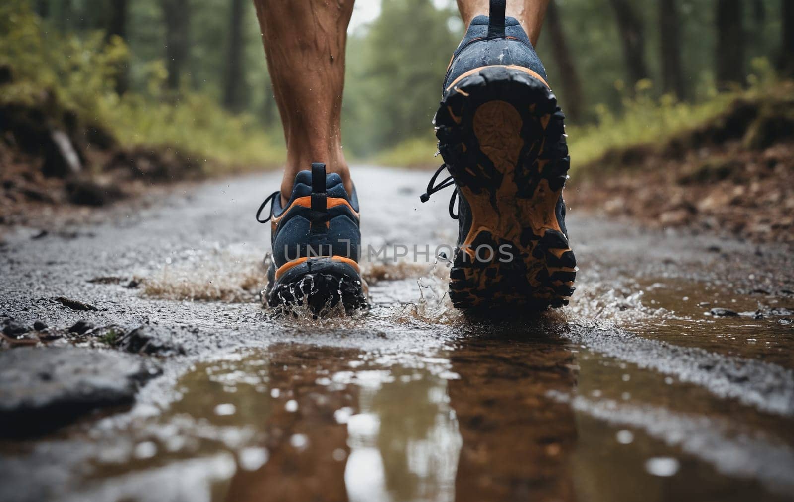 A person in hiking boots is wading through a puddle on a trail, feeling the water rise to their thighs as they navigate the natural landscape