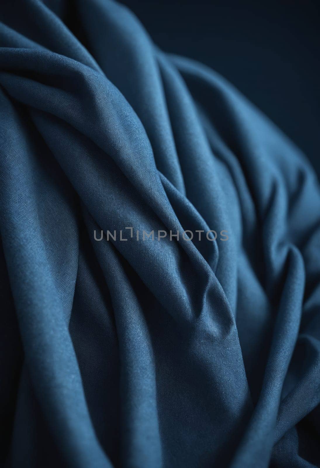 A close up of a sleeve made from electric blue satin fabric with tints and shades. The pattern contrasts against the darkness, perfect for sportswear or elegant events