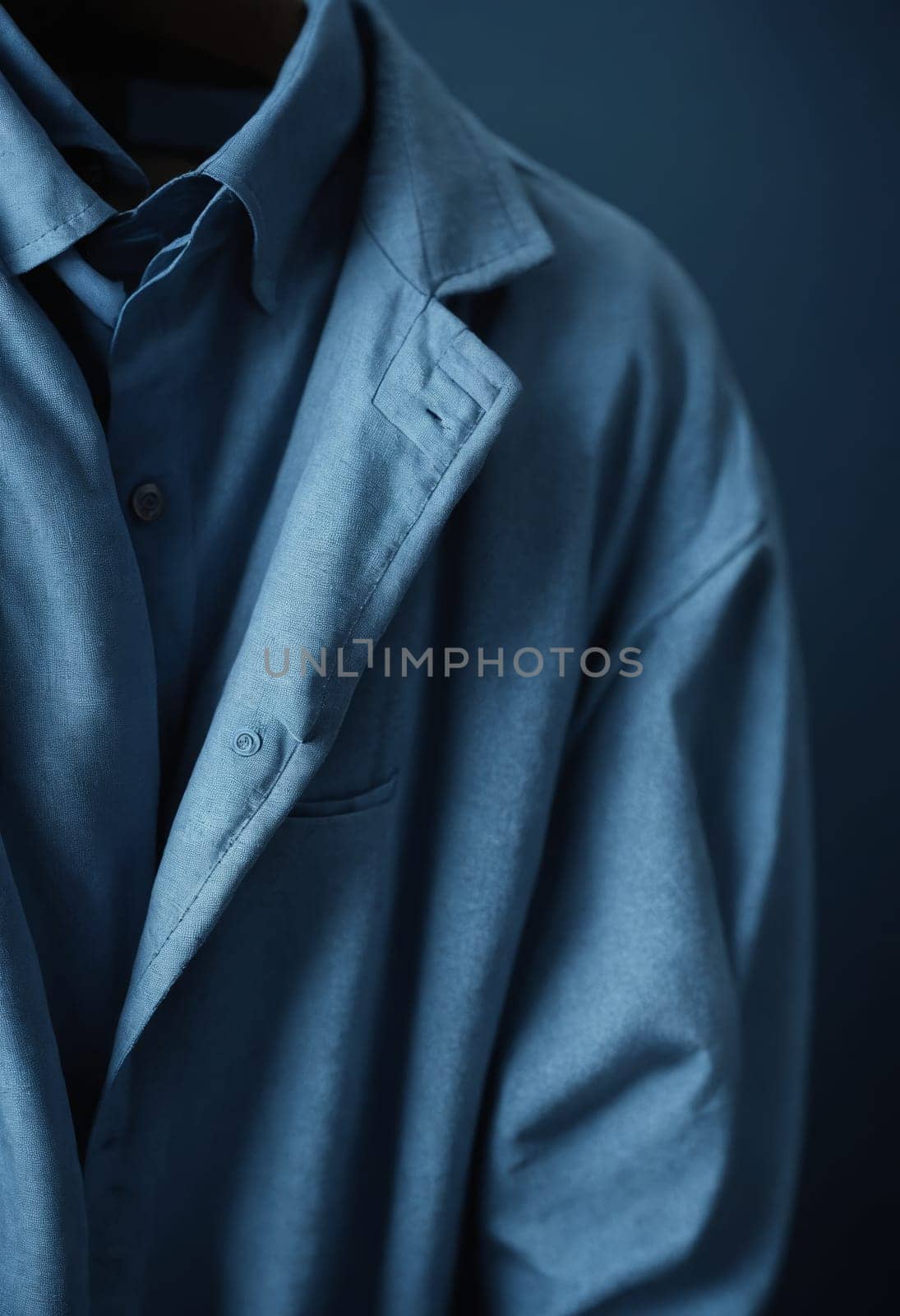 Showcasing a neatly ironed, classic blue dress shirt complete with a left breast pocket and stylish brown buttons. An icon of professionalism and timeless style.