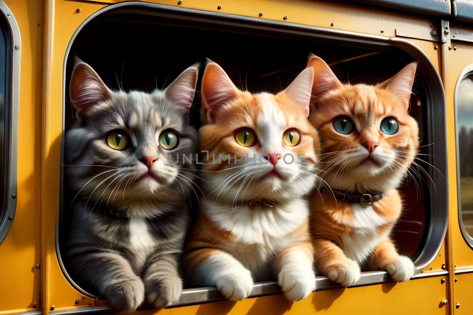 funny cats travel in a train carriage, vacation by Rawlik
