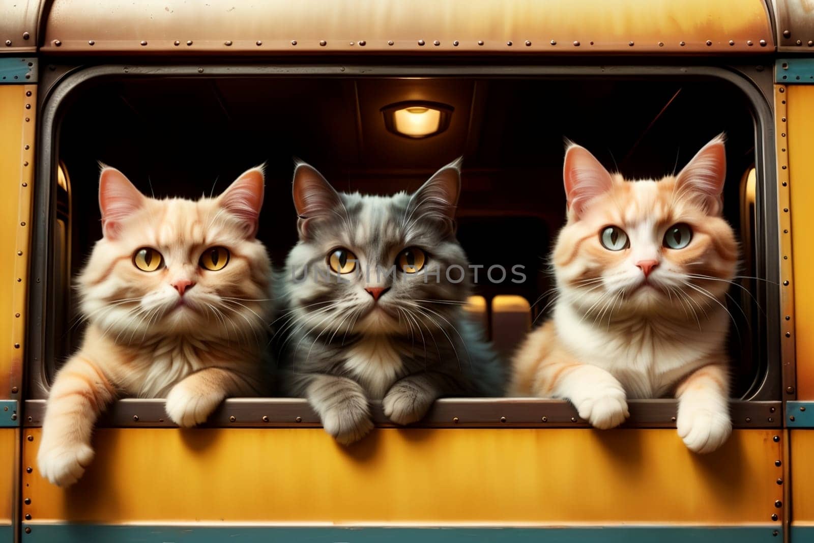 funny cats travel in a train carriage, vacation .