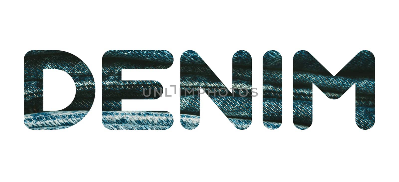 Word DENIM from denim blue pattern of folded jeans background. Fashion, stock and magazine concept. Denim font. High quality photo