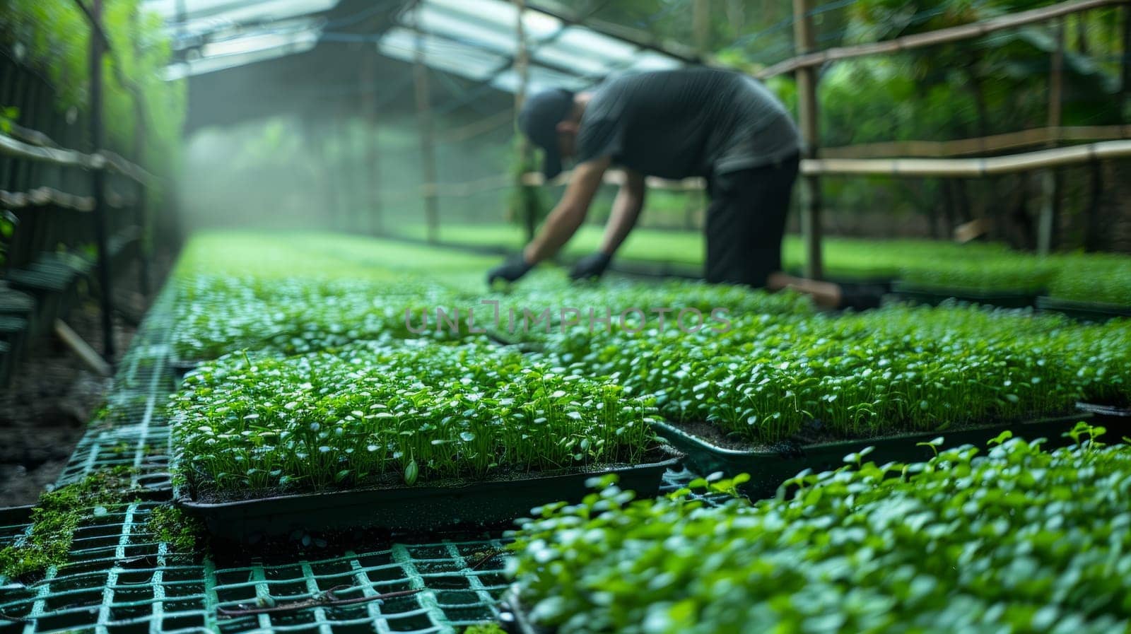 Asian farmer working in vegetable hydroponic farm, inspecting organic microgreen sprouts in greenhouse. Concept of local farming, small business, and healthy eating.