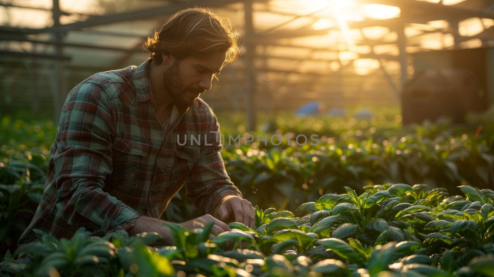 Dedicated Farmer Inspecting Pepper Plants in Sunny Greenhouse at Sunset