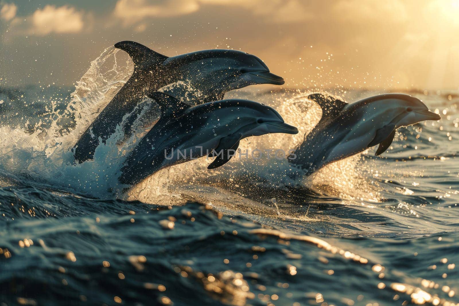 Dolphins Jumping at Sunset. A Breathtaking Display of Natures Beauty by ailike