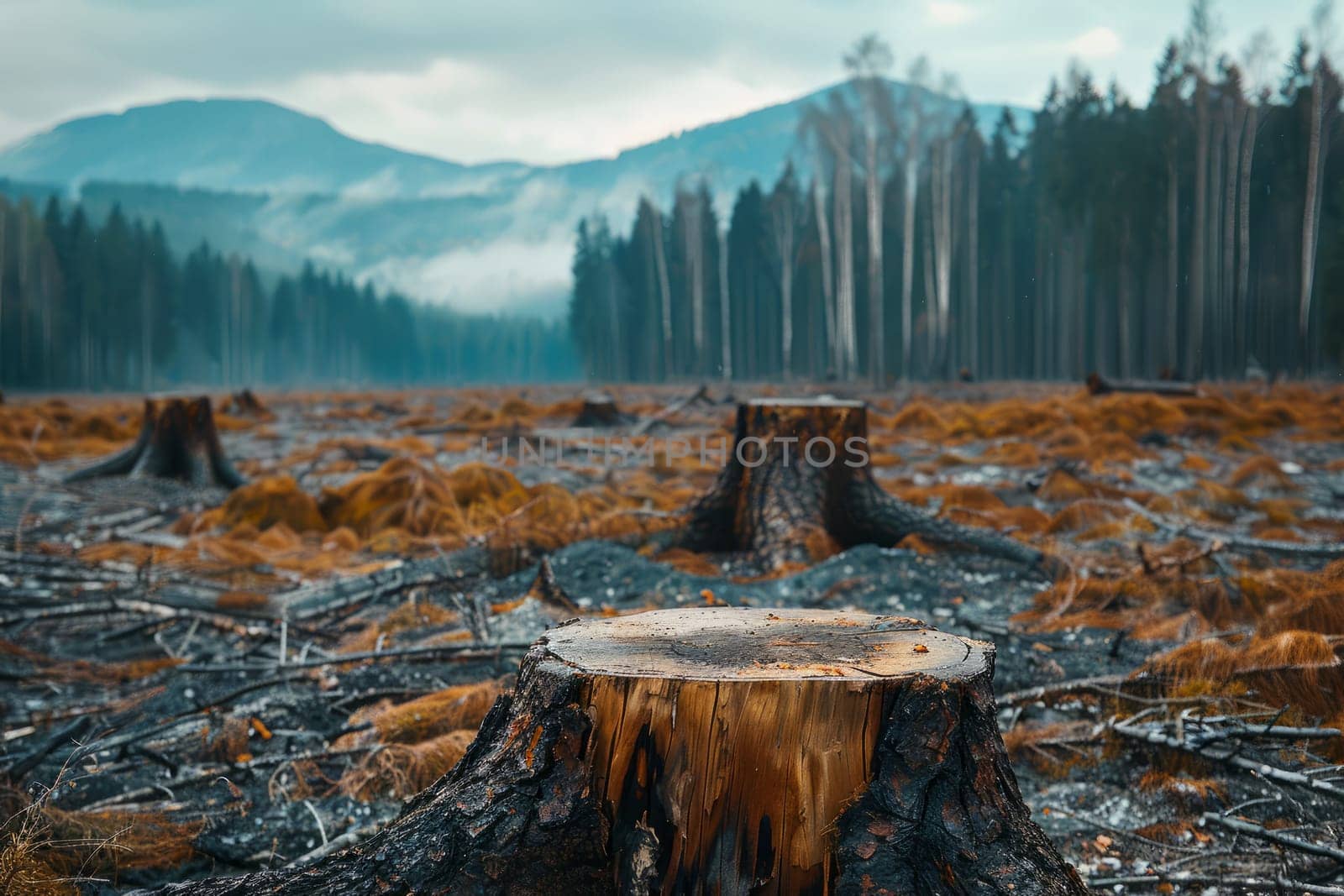 Deforested landscape with tree stumps in misty mountain forest, environmental destruction and deforestation concept