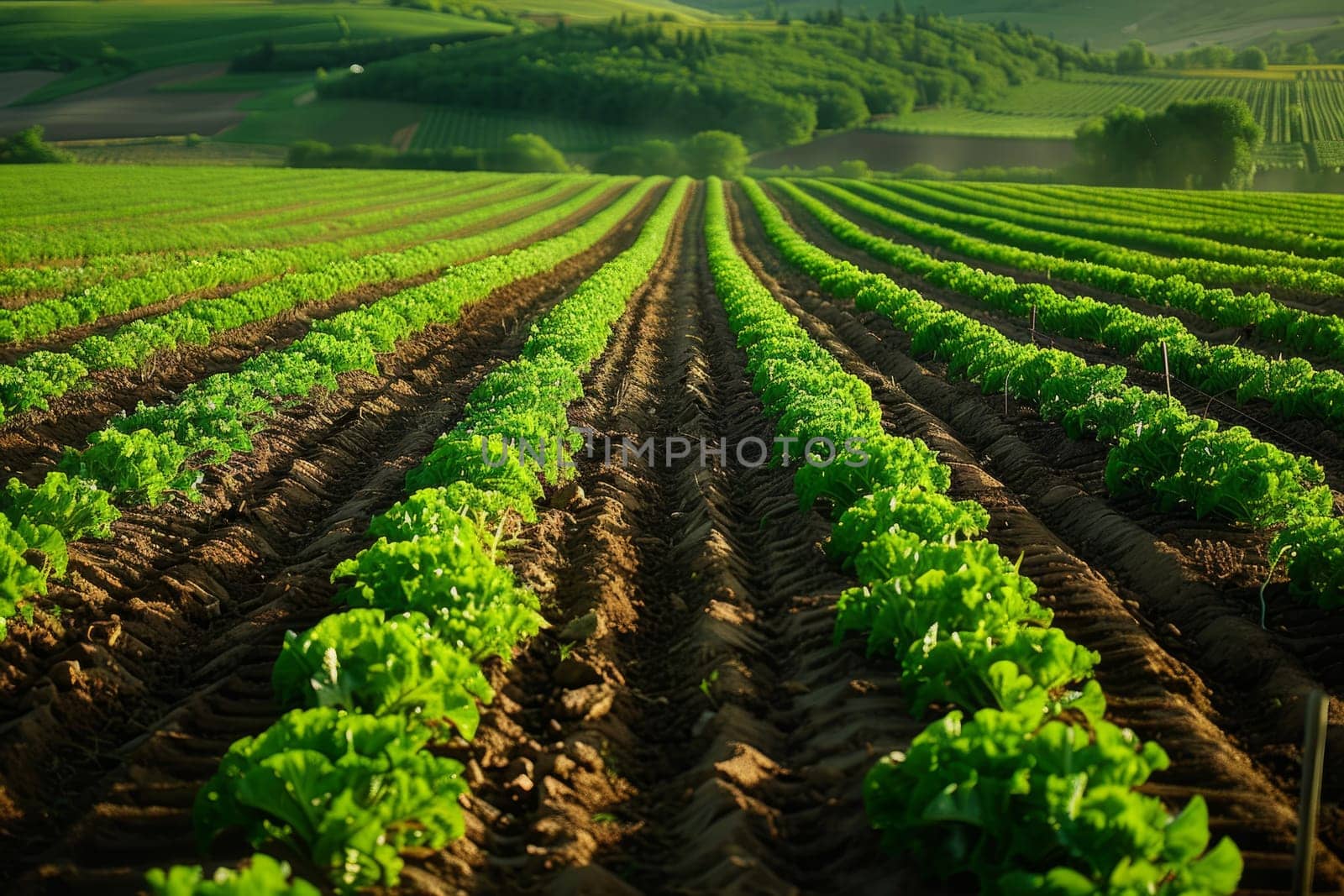 Lush Green Vegetable Farm Rows with Rolling Hills Landscape