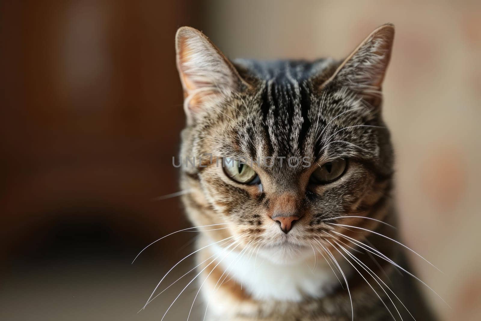 Close Up Portrait of Angry Tabby Cat Glaring with Yellow Eyes