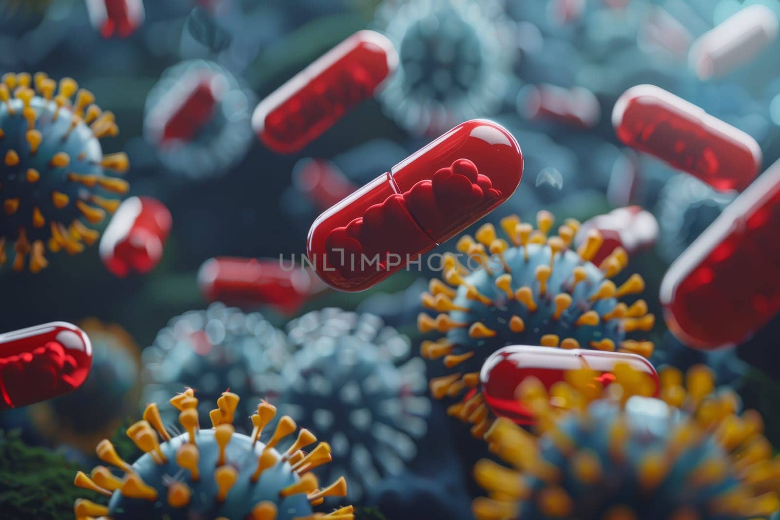 Microscopic view of viruses and bacteria cells, red capsules representing viruses and yellow spiky spheres depicting pathogens or microorganisms in abstract scientific concept