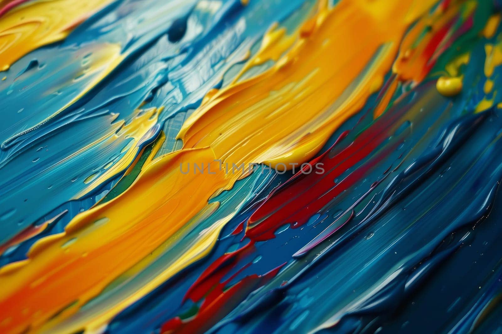 Abstract Acrylic Painting Background with Blue, Yellow, Red, and Green Brushstrokes. Colorful Impasto Texture.
