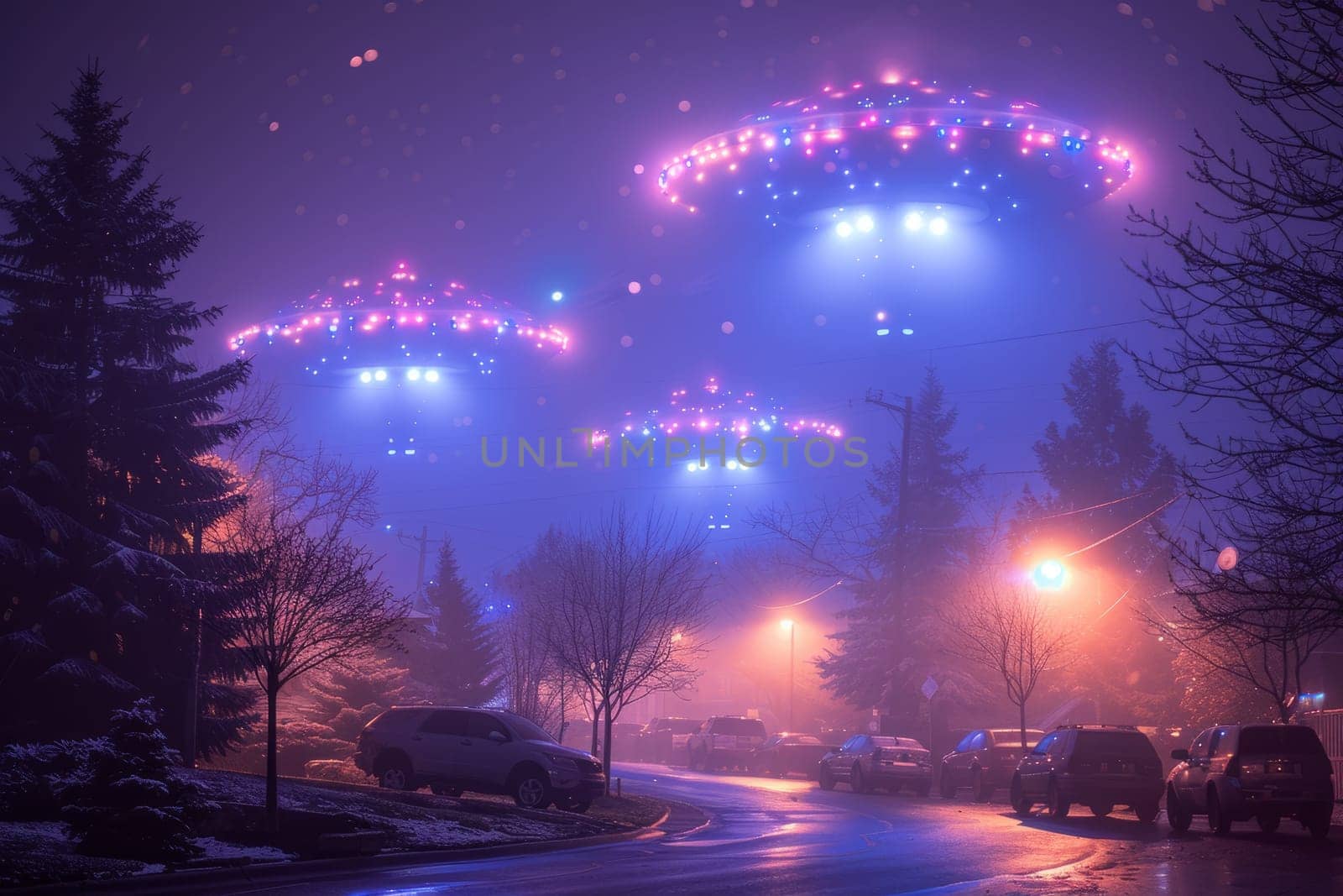 Mesmerizing winter night scene with glowing UFO lights over snowy neighborhood. Concept of alien visitation, extraterrestrial phenomenon, and otherworldly mystery by ailike