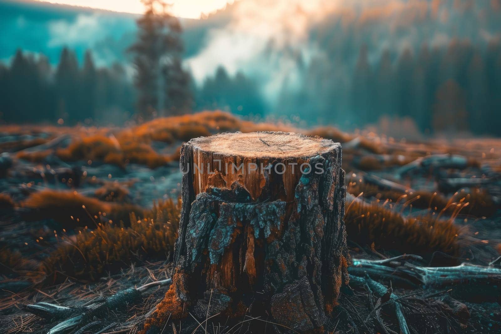 Serene Mountain Stump Landscape, Tranquil Nature Scene with Weathered Tree Stump Overlooking Misty Forest and Peaks